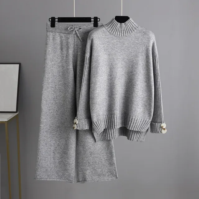 Women Knitwear Sets Long Sleeve with Buttons Turtleneck Side Slit Sweater Elastic Waist Wide Leg Pants Autumn Winter Outfits 3