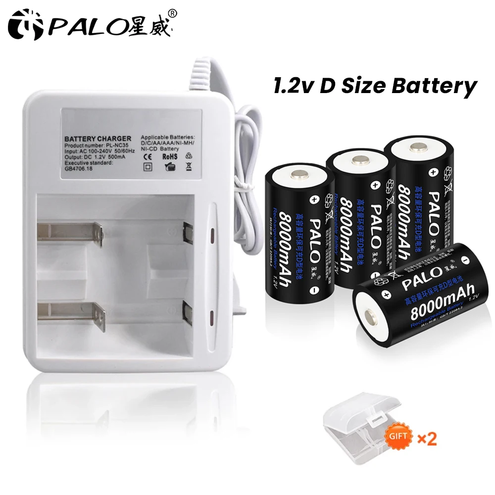Palo 2-8Pcs 1.2V D Size Batteria Ricaricabile Tipo D Batteria Ni-Mh Lr20 R20 Batterie Ricaricabili + Caricabatteria Led