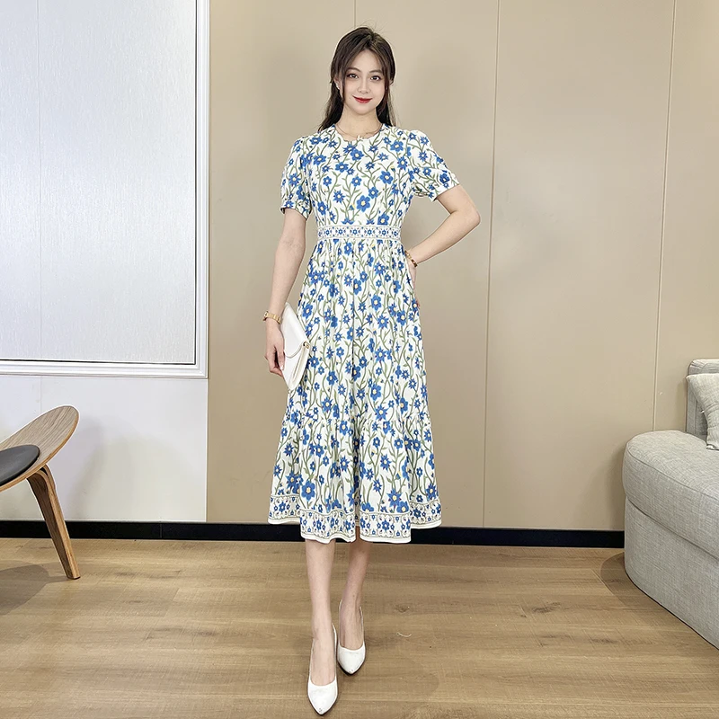 

MIUXIMAO 2022 New Summer Women's Clothing O-Neck Short Sleeve Slim Waist Printing Dress Fashion Elegant Office Style
