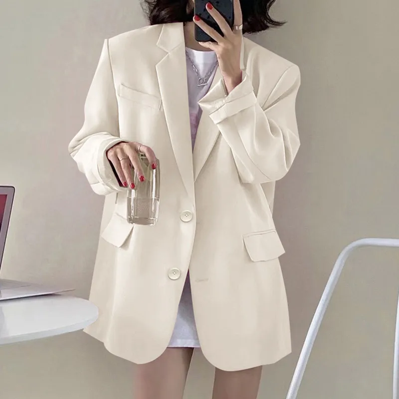 2024 Classic Khaki Single Breasted Loose Blazer for Women Office Wear Fashion Coat Basic Suit Jacket Female Chic Outwear Tops