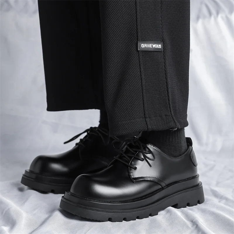 Leather Men's Casual Commuter Business Dress Spring New Carbon Black Thick Sole Heightening Niche Derby Shoes