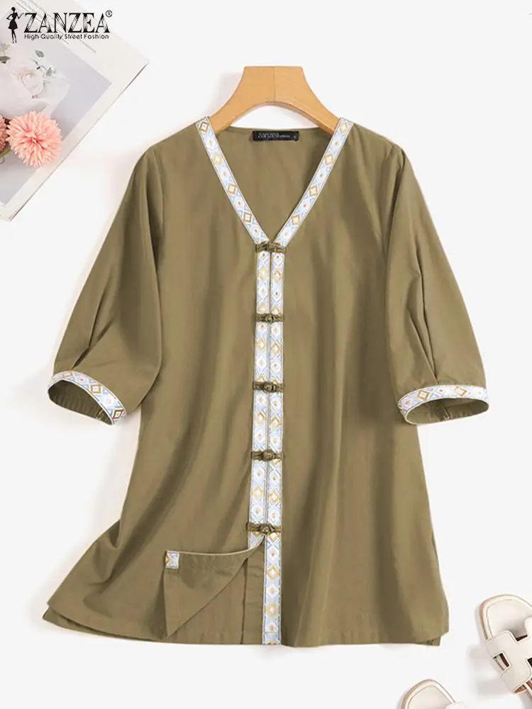 

Casual V-neck Half Sleeve Shirts ZANZEA Vintage Ribbon Spliced Women Frog Buttons Blouses 2023 Summer Cotton Simple Tunic Tops