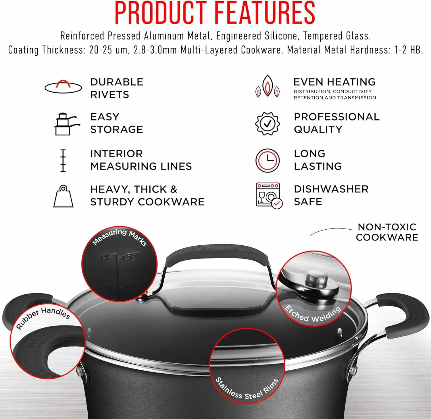 Set &ndash; 23 Piece &ndash;Black Multi-Sized Cooking Pots with Lids, Skillet Fry Pans and Bakeware &ndash; Reinforced Pressed Aluminum Metal