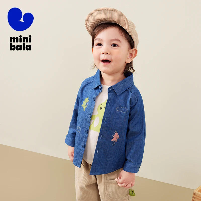 Mini Bala Boys' Loose and Fashionable Autumn New Product Skin-Friendly Long Sleeve Shirt.
