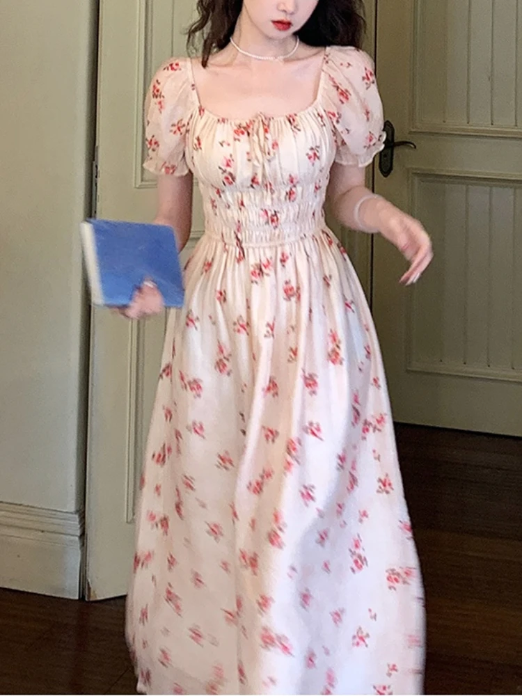 

Женское приталенное платье миди, элегантное праздничное платье во французском винтажном пляжном стиле с цветочным принтом, сказочное платье с коротким рукавом для офиса, лето 2023