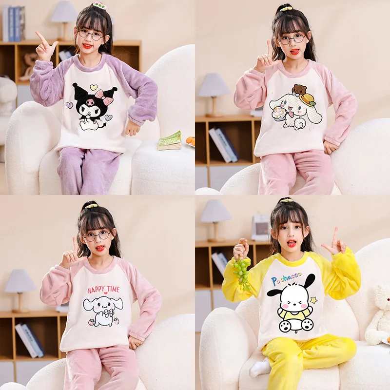 

Kawaii Miniso Kuromi My Melody Cinnamoroll Children Flannel Sleepwear 2023 Winter Mother Kids Pajamas Sets Boy Girl Home Clothes