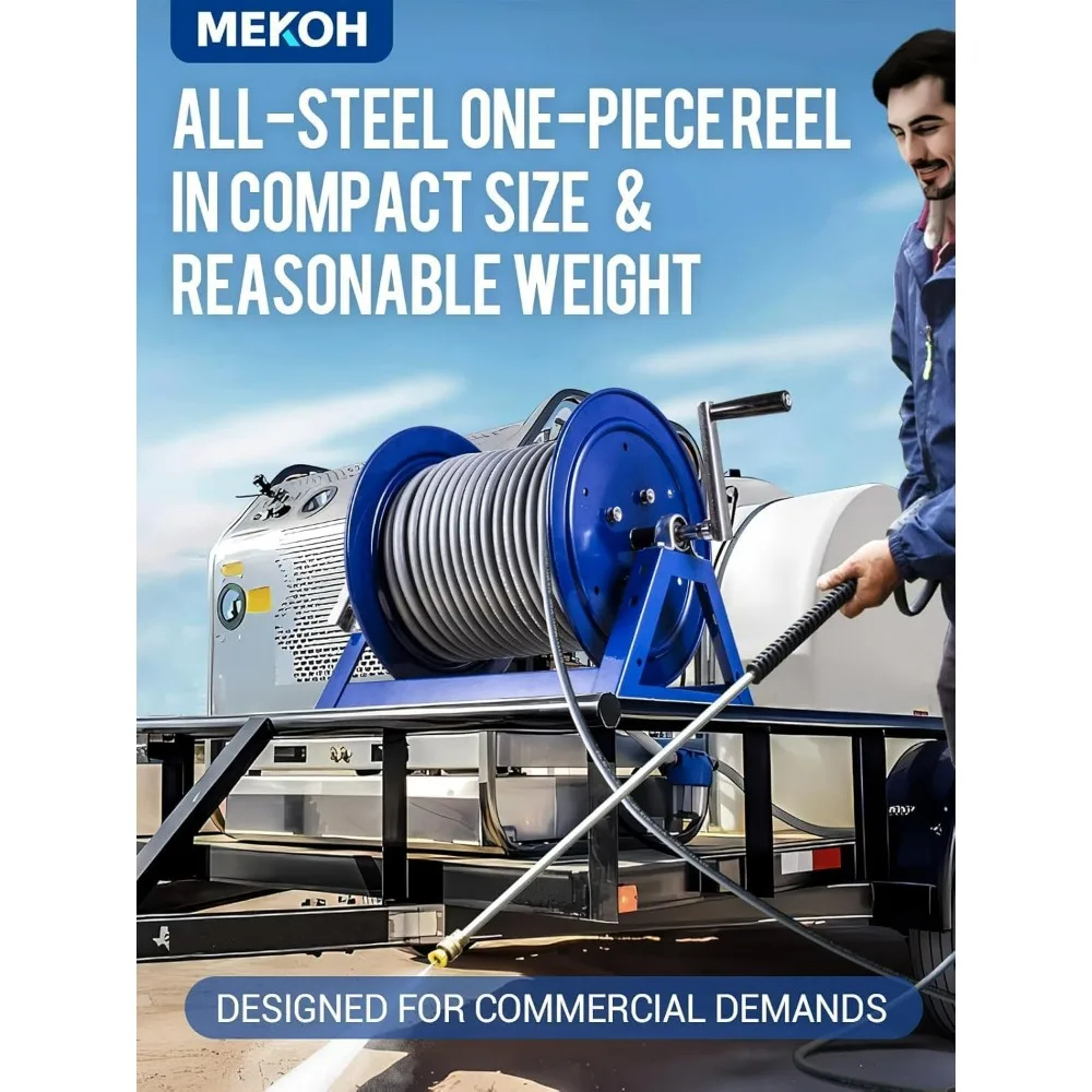 MekoH 3/8 Inch x 350 Feet Pressure Washer Hose Reel, 5000 PSI Hand Crank for 1/4 Inch x 455 Feet, Heavy Duty Steel Construction