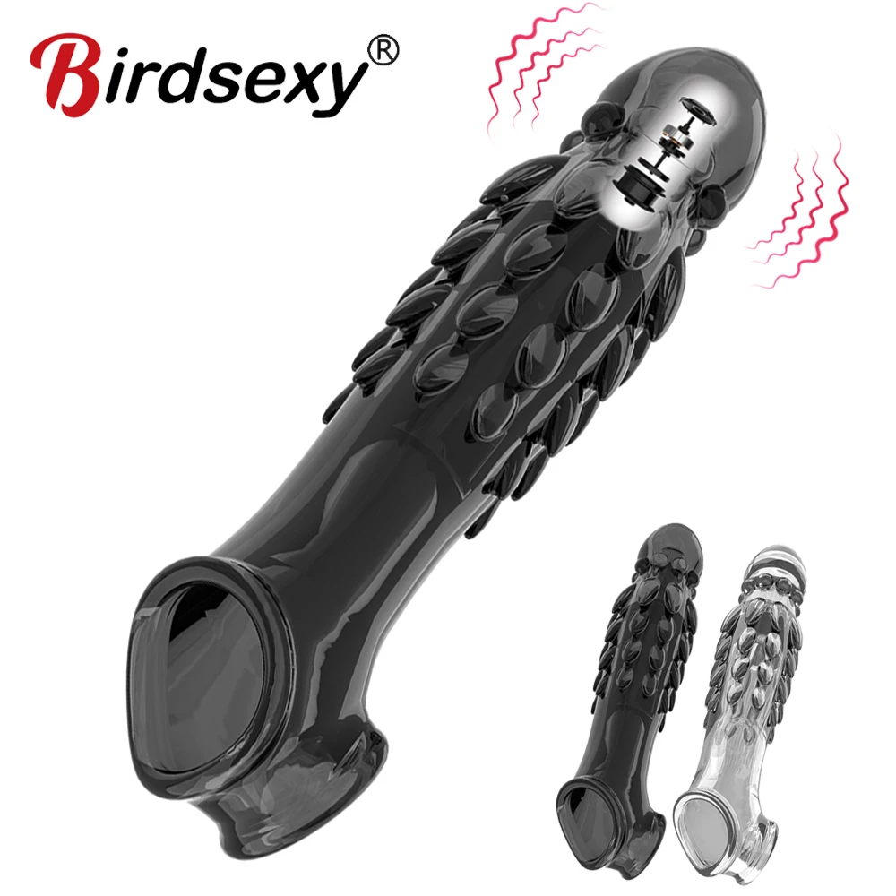 Penis Sleeve Extensions Men's Condoms Enlargement Delay Vibrators Crystal Penis Cock Ring Vibrating Cover Sex Toys For Men