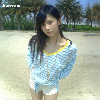 Karrram Japanese Y2k Blue Striped T-shirt Korean 2000s Style V-neck Long Sleeve T Shirt Vintage Harajuku Off Shoulder Loose Tops 1
