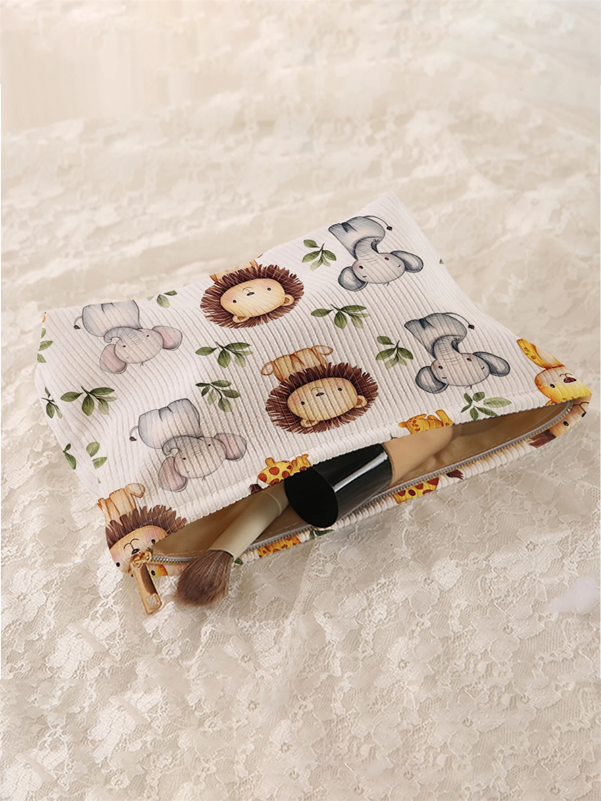 1pc cartoon pattern printed corduroy makeup bag, lightweight zipper makeup storage box, multifunctional bag with lining
