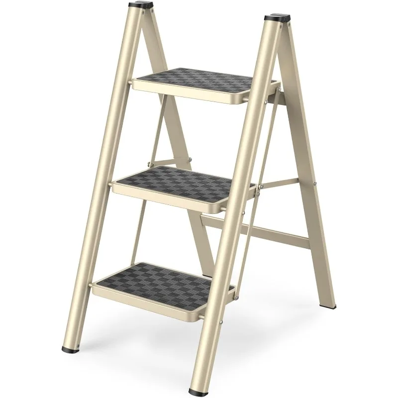 Folding 3 Step Ladder, 330 Lbs Capacity Step Stool for Adults, with Anti-Slip Wide Pedals Household Office, Gold