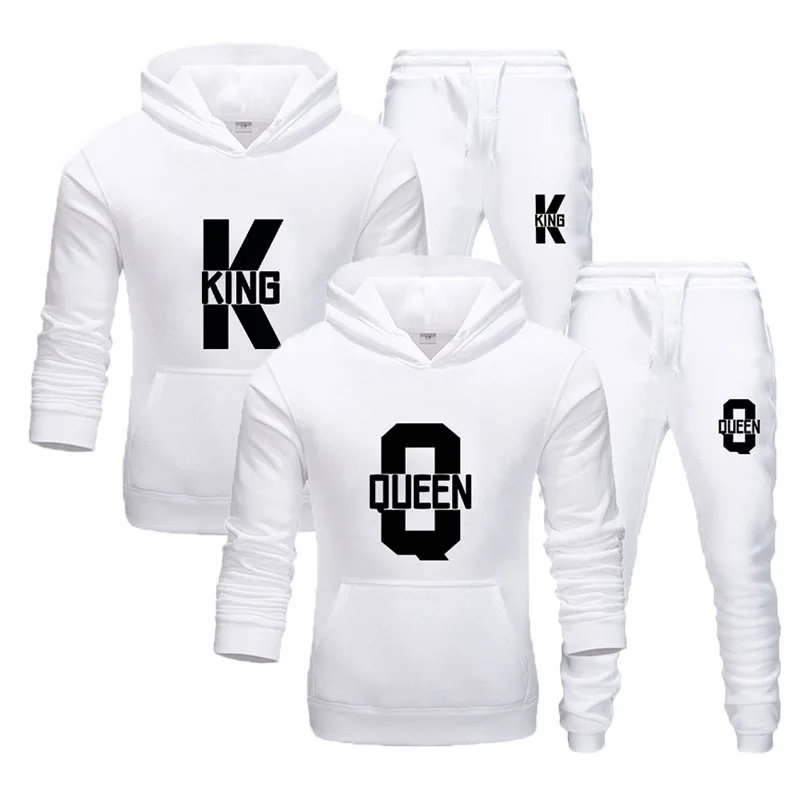 Fashion Lover Couple Clothing Sportwear Set KING QUEEN Printed Hooded Clothes 2PCS Set Women Hoodie and Pants Suit Hoodies 2