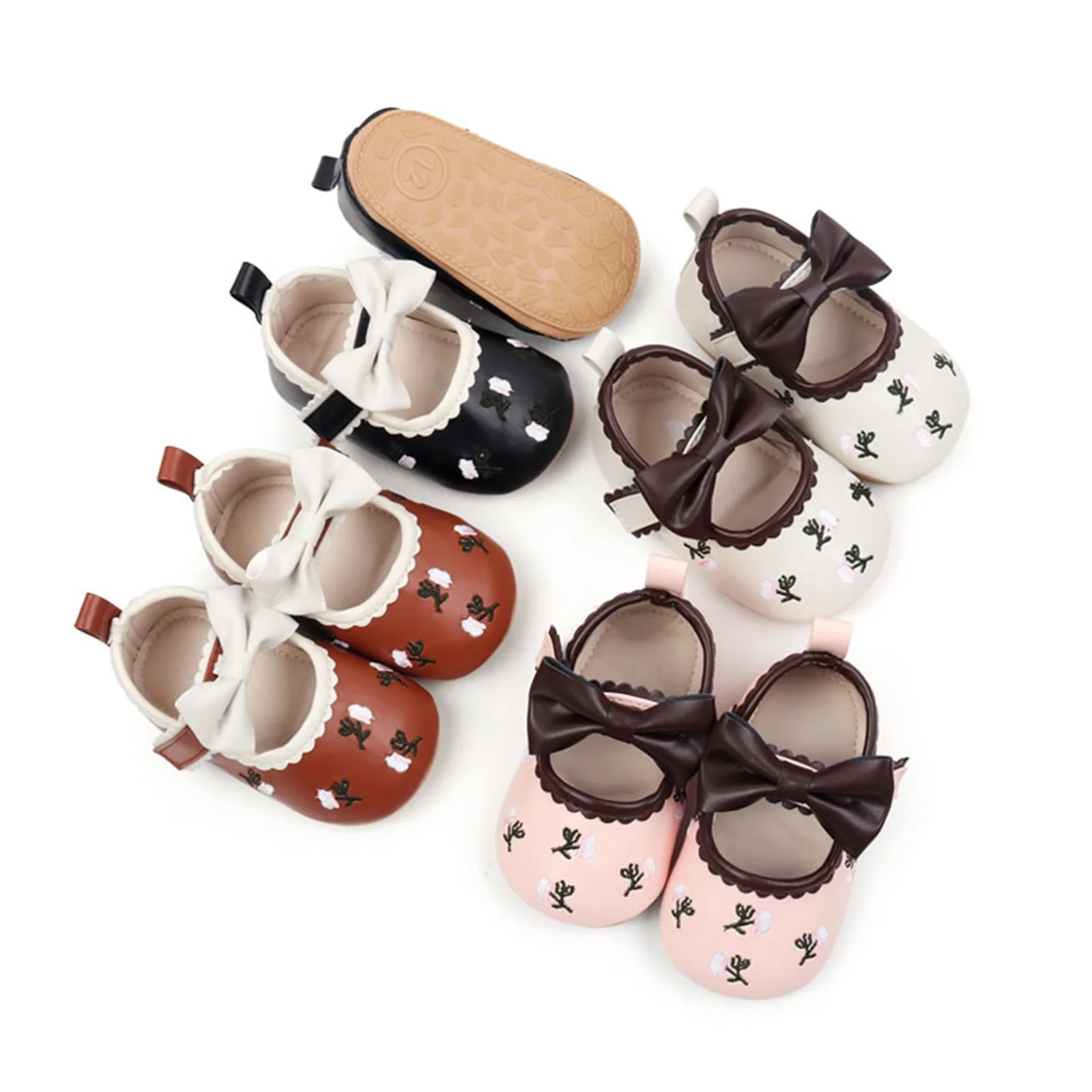 Cute Floral Embroidery Dress Shoes for Baby Girls Elegant Bowknot Non-Slip Newborn Crib Shoes Mary Jane Flats for Infants