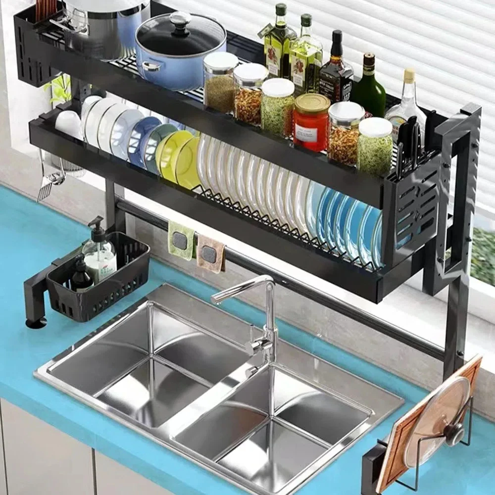 Metal Storage Rack Above Kitchen Sink Cutlery Storage Cabinet Multi Functional Dust-proof Belt Cabinet Door Bowl Tray Drain Rack