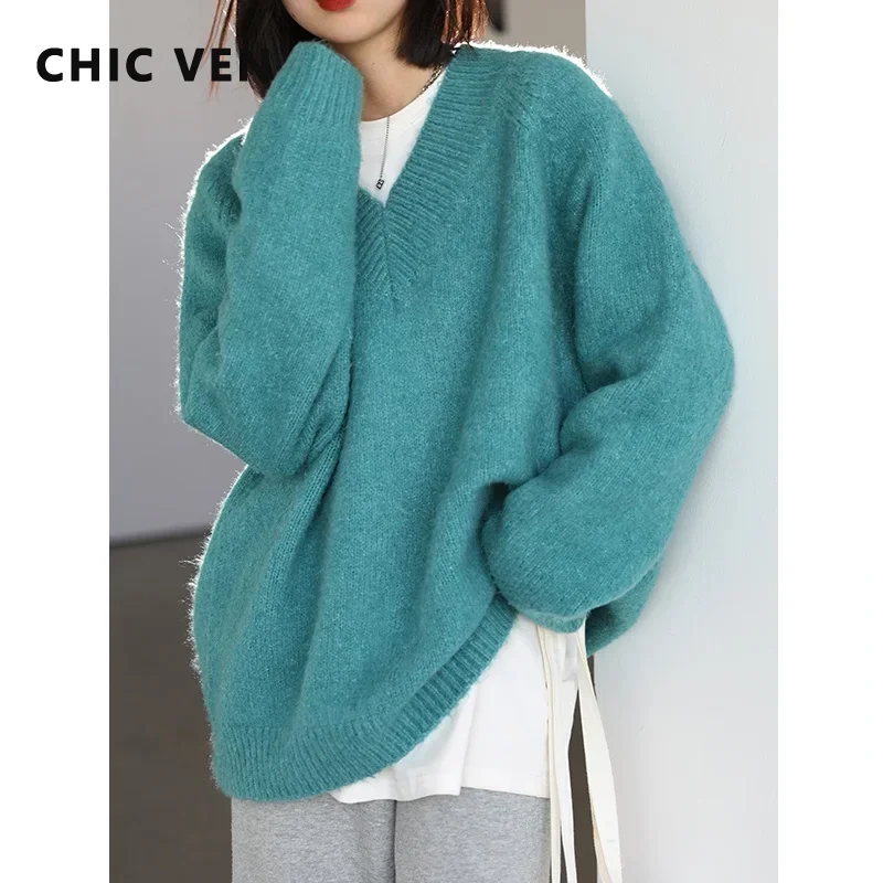 Chic Ven Maglione Da Donna Lavorato A Maglia Solido Scollo A V Casual Femminile Allentato Manica Lunga Pullover Femminile Top Signora Cappotto Autunno