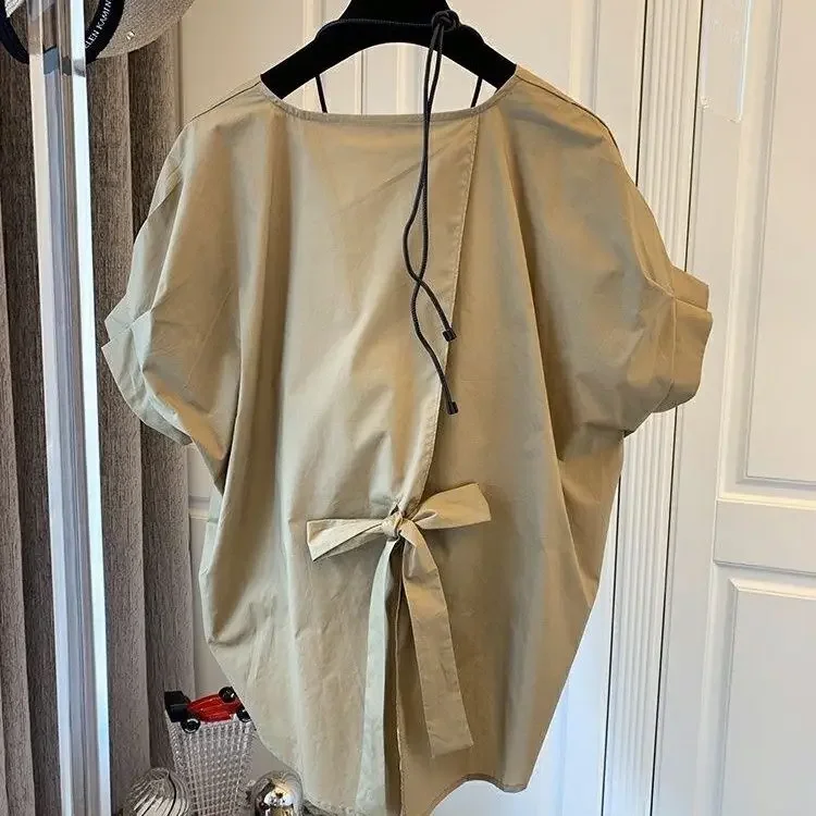 Khaki Silk Blouse Tops Embroidered Tie Waist Summer main image 1