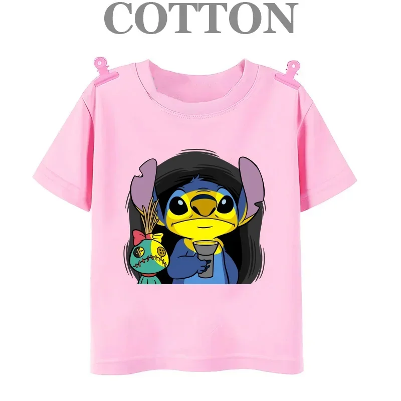 Camiseta de algodón de verano 2024 con múltiples diseños de anime Lilo Stitch, camisetas para niños y niños, camisetas casuales de cuello redondo y manga corta