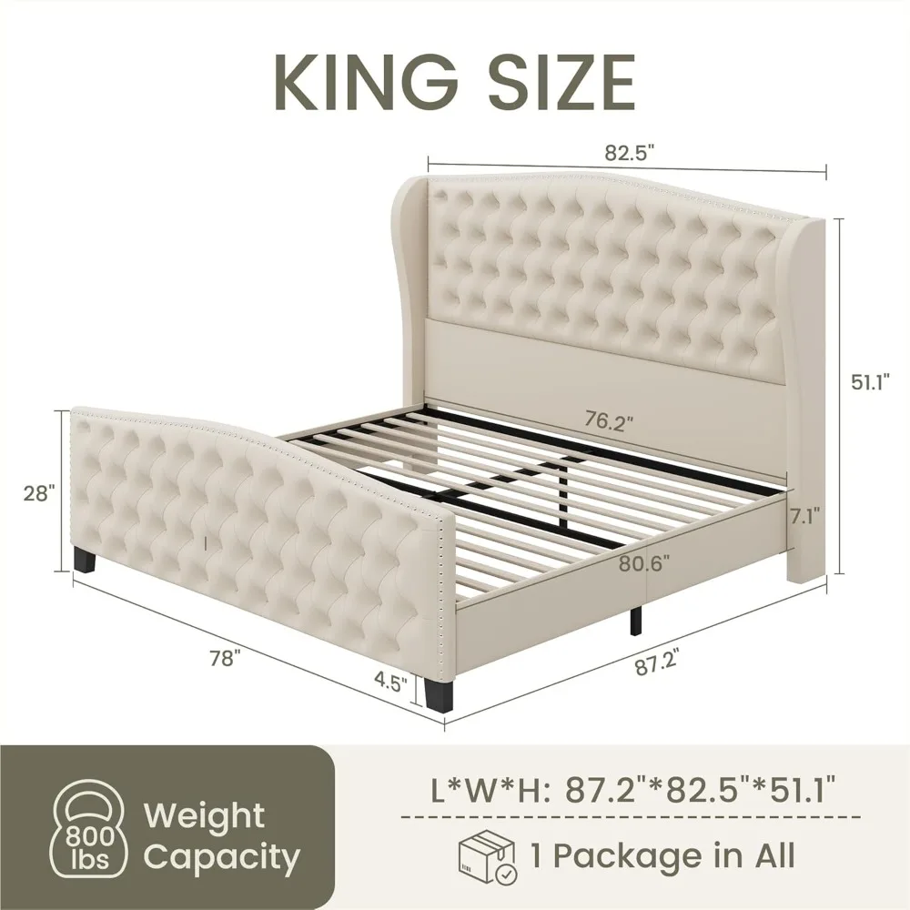 King Size Bed Frame Velvet Upholstered Platform Beds with Wingback Headboard & Footbaord, Deep Button Tufted King Bed Frame 2