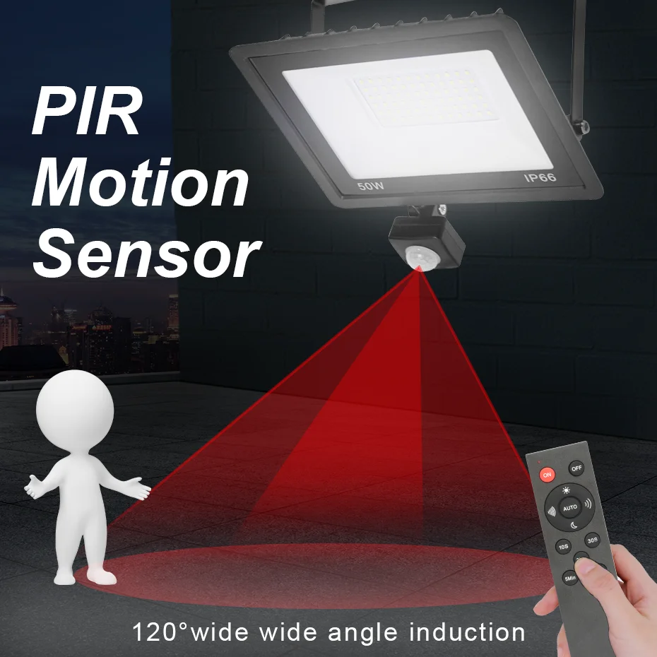 220V 리모컨 모션 센서 LED 투광등 100w 50w 30w 20sw 10w IP66 방수 스포트라이트 야외 LED 가로등 벽등