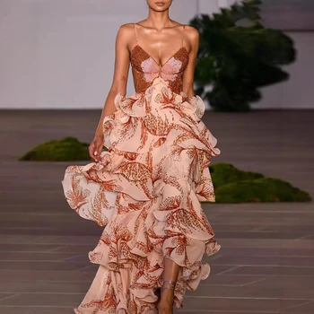 Lady Sexy V Neck Backless Tie Up Long Dress Summer Sleeveless Hollow Bohemian Dress Fashion Butterfly Print Ruffle Pleated Dress 1