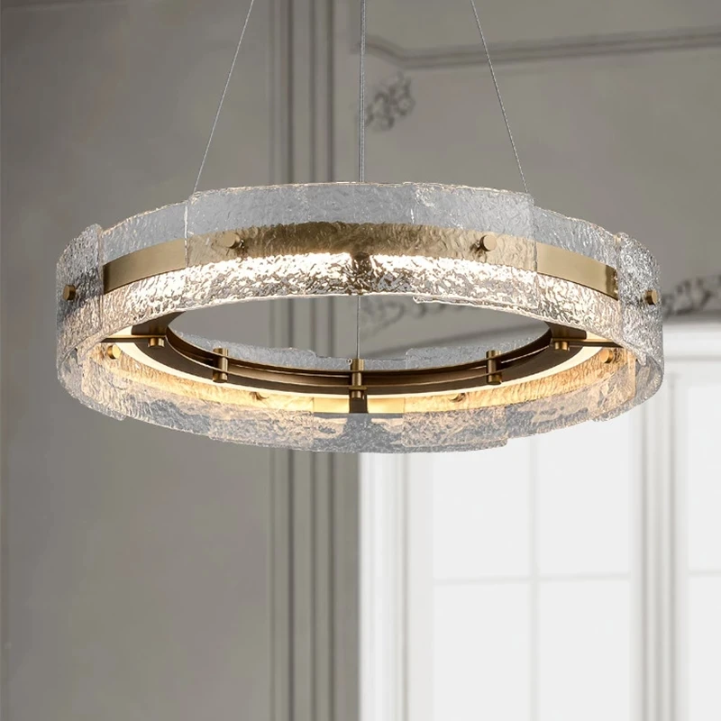 

Light luxury water pattern glass living room led chandelier retro art round dining room bedroom decor hanging light fixtures