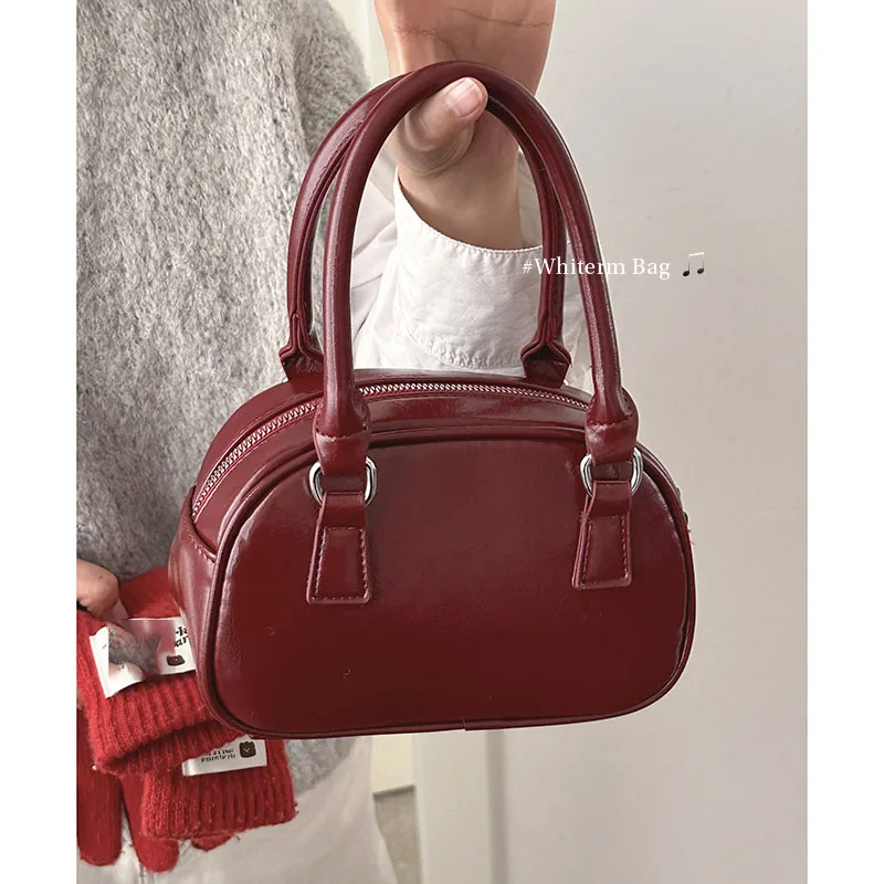 Versatile Small Square Handbag For Women Fall Winter Vintage Red Zipper Pu Leather Ladies Crossbody Bags Simple Commuting Pack