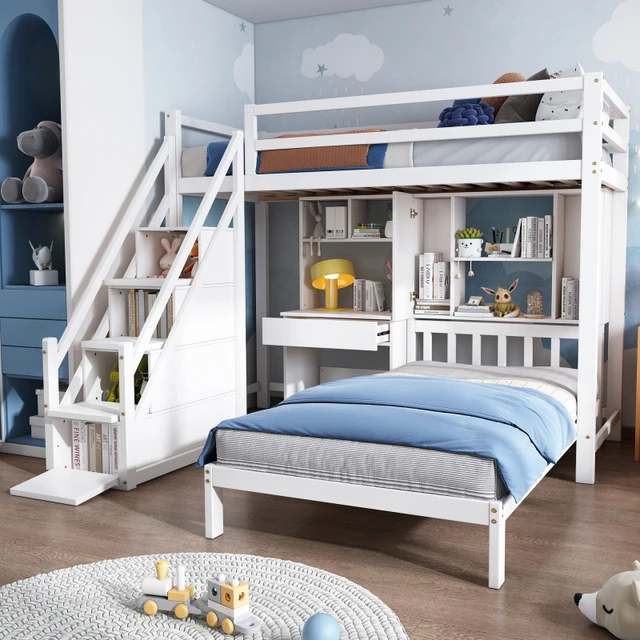 White multifunctional bunk 2024 bed with desk