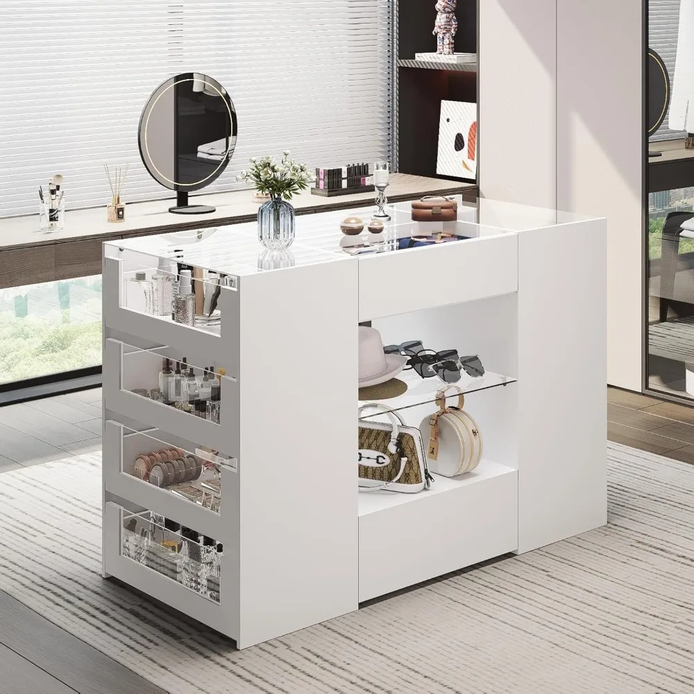 Closet Island with Drawers,Wardrobe Armoire Bedroom Island, Glass Display Shelf,White Dresser with Glass Top,Walk-in for Bedroom 3