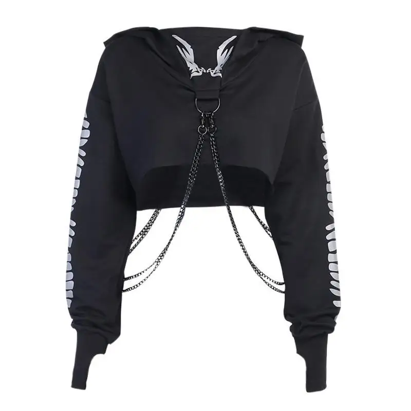 Metal Chain Fashion Print Cropped Black Goth Hoodie Women Fall