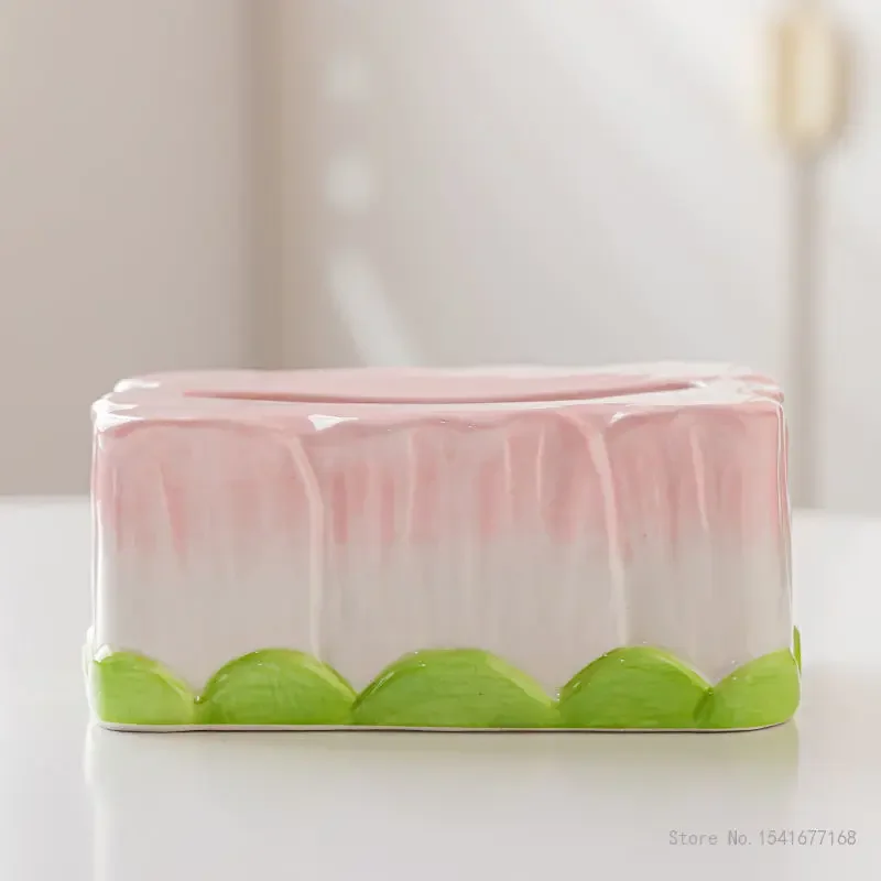 Creative Tulip Ceramic Tissue Box Cartoon Home Desk Work Desk Bedside Living Room Decoration High Aesthetic Value Paper Box, 1Pc