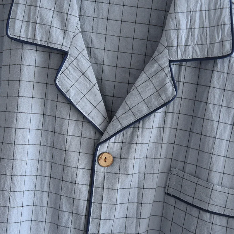 Men Trousers Pajamas Set Spring Summer Thin Plaid Design Cotton Fabric Short Sleeved Long Pants