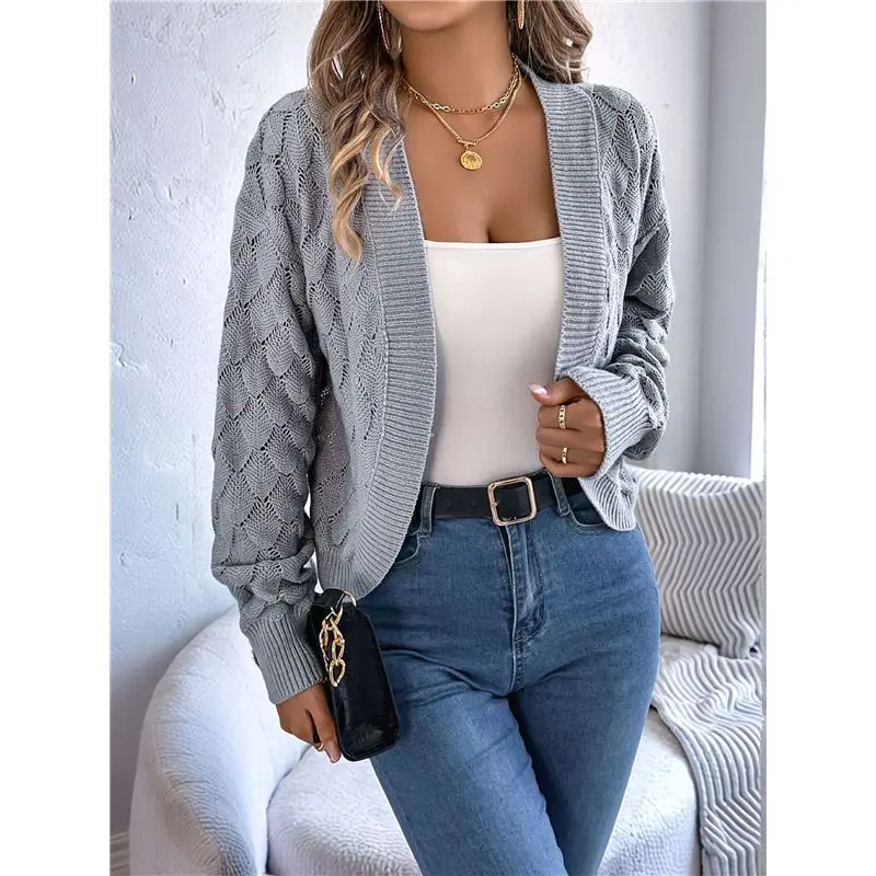 【브랜드 뉴】여성용 가디건 스웨터 크로셰 오픈 프론트 숏 재킷 가을 겨울 랜턴 슬리브 커버업
