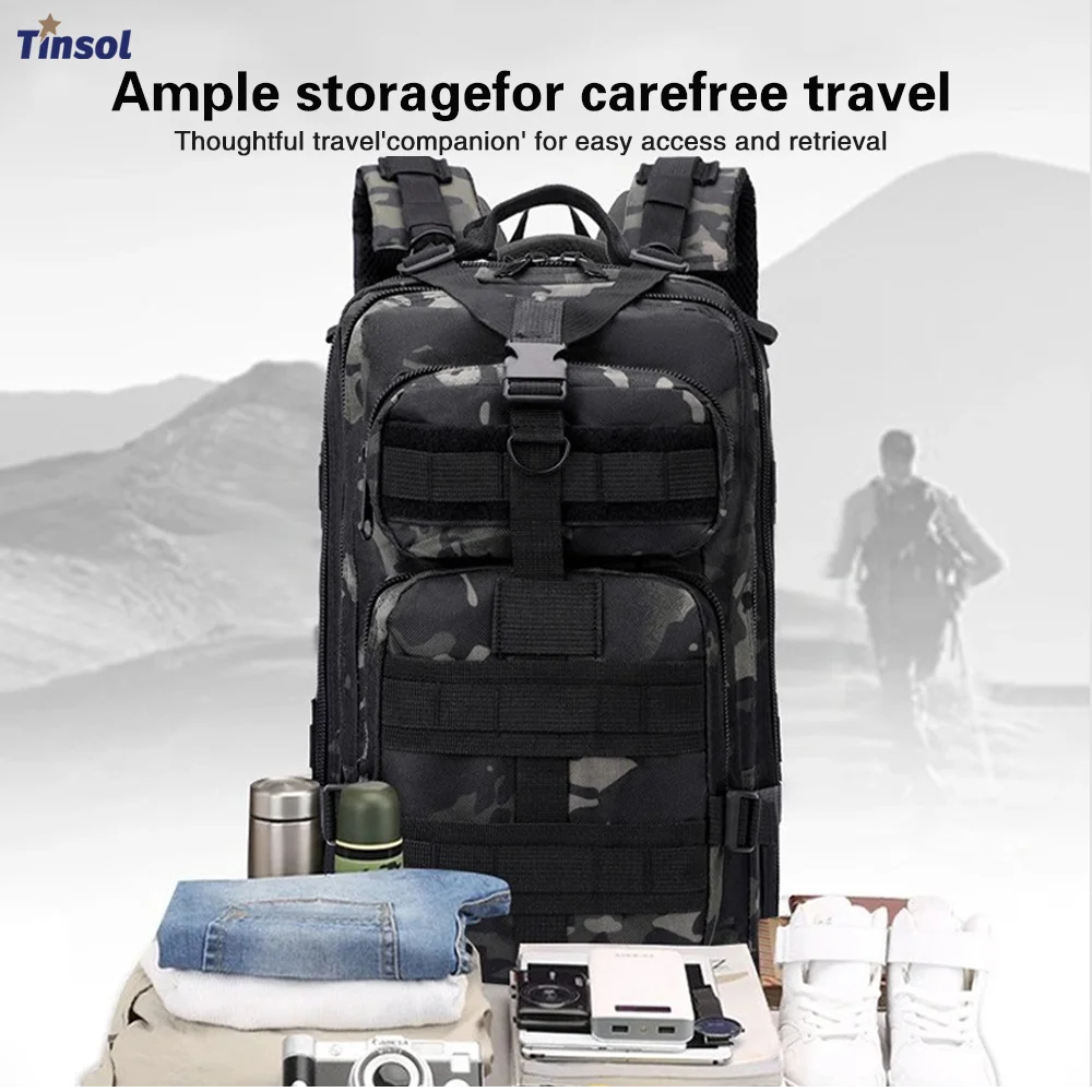 TINSOL Tactical Outdoor Backpack - Camping, Hunting and Fishing | Adjustable Straps, Multiple Compartments, Camping Accessories