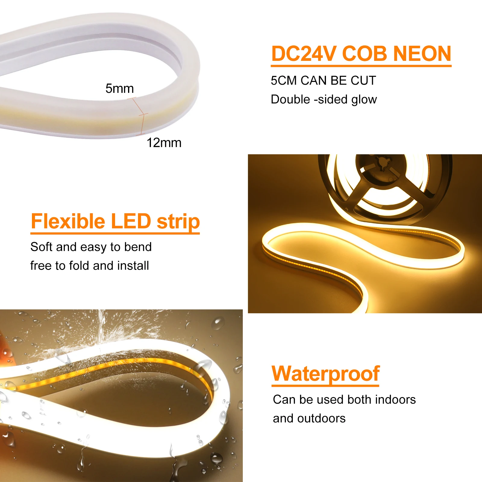IP68 방수 태양광 COB LED 네온 스트립 양면 발광 고휘도 320LED/M 웜 화이트 내추럴 8가지 모드 플렉시블 네온 램프 실내외 겸용