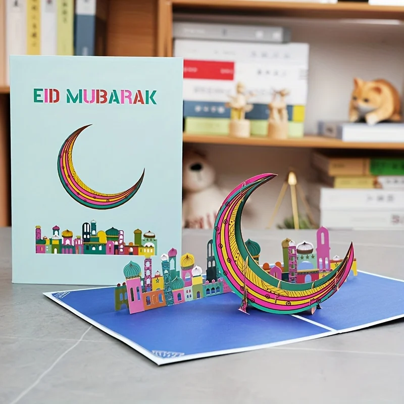 3D Muslim mosque three-dimensional greeting card Festival Moon Eid handmade paper carved card Eid Ramadan greeting envelope