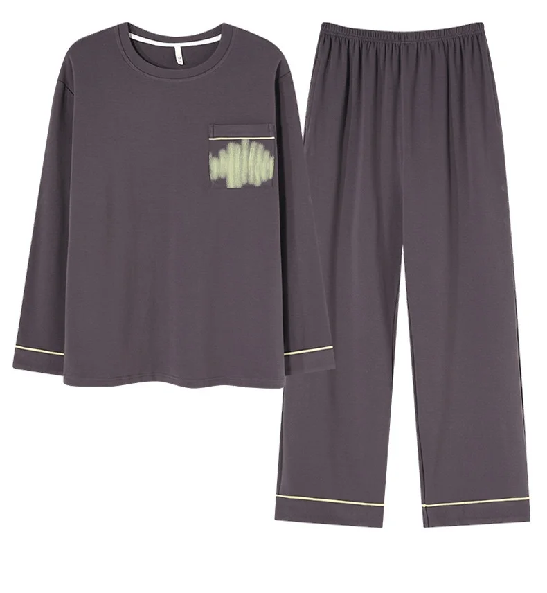 Осенняя пижама из чистого хлопка с длинным рукавом, милая и удобная мужская пижама, женская одежда с нагрудной подушечкой, хлопковая одежда для сна