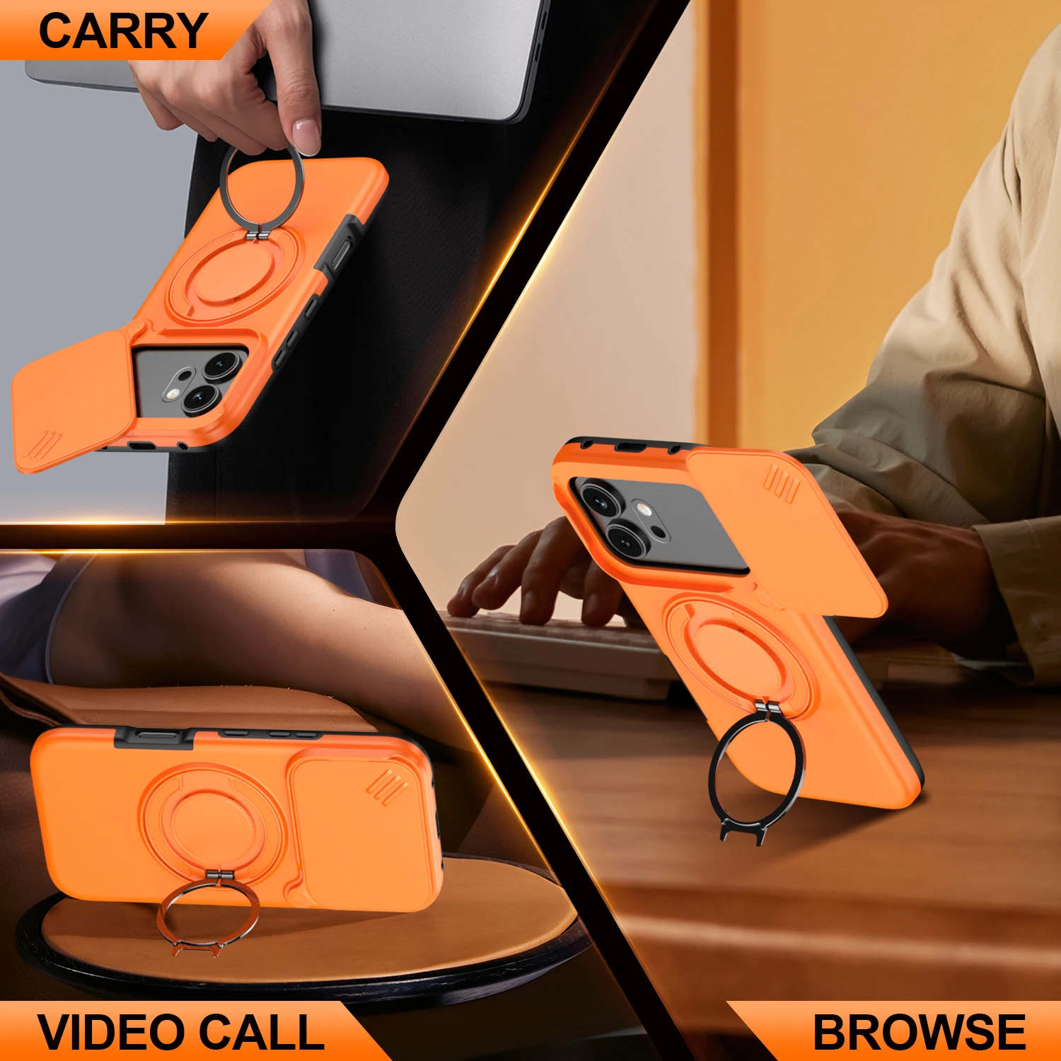 Magnetic Ring Stand Phone Case with Slide Camera Lens Protection and Durable Frame