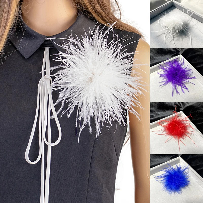 Luxury Ostrich Feather Brooch for Women Fashion Lapel Pins Hair Hat Accessories Vintage Floral Feathers Corsage Pin