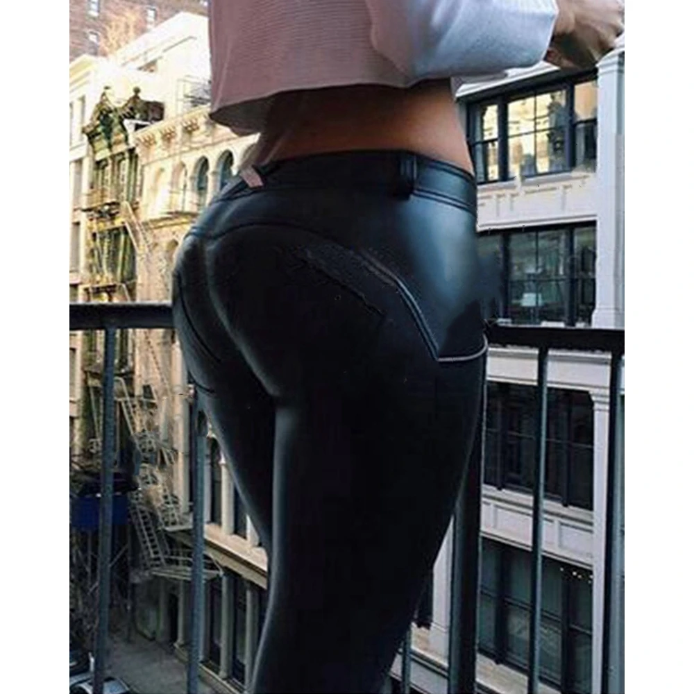 Spring Casual Women High Waist PU Leather Skinny Push Up Pants Sporty Femme Faux Leather Leggings Streetwear Fashion traf