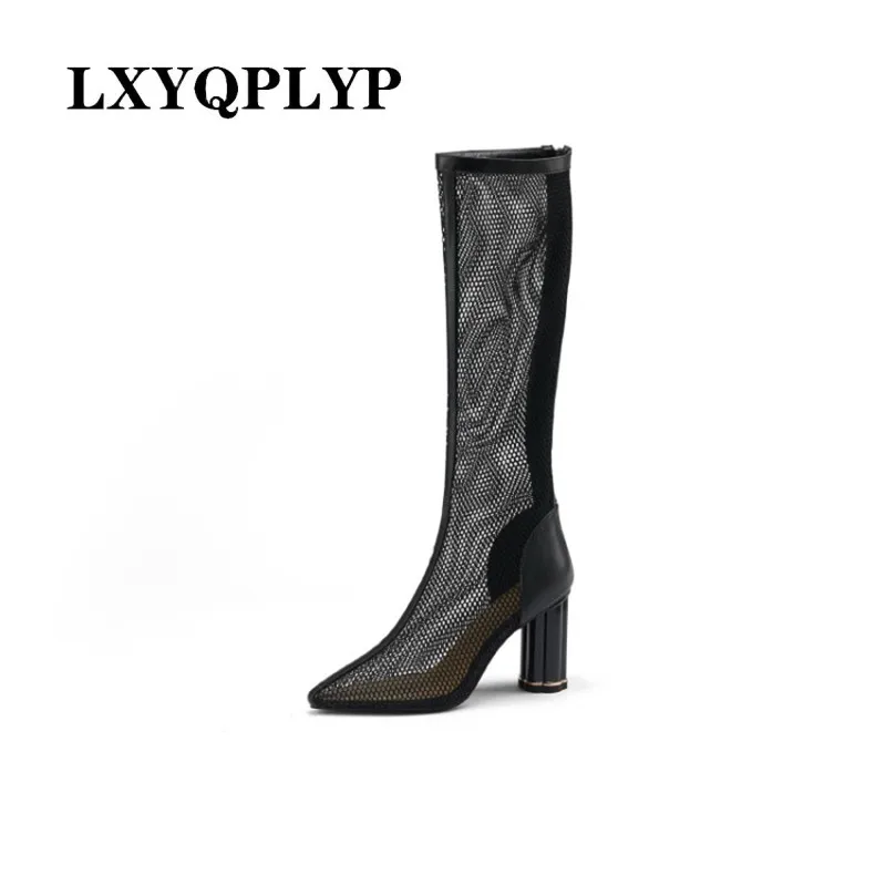 2022 New Summer Women's Boots Pointed Toe Hollow Mesh High-heeled Knee Boots Nightclub Party Sexy Fashion Cool Boots