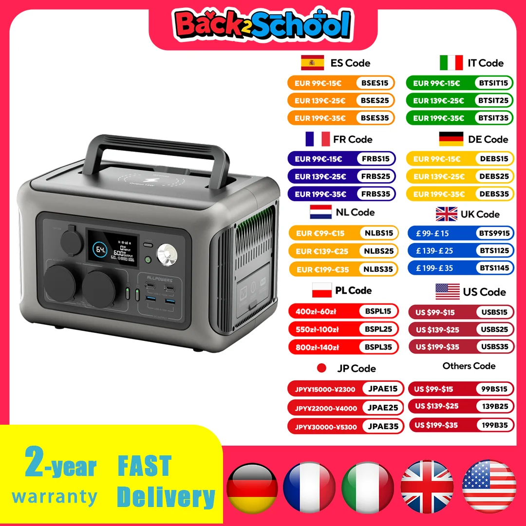 ALLPOWERS Portable Power Station R600, 299Wh LiFeP04 Battery with 2x 600W (1200W Surge) AC Outlets for Outdoor Camping RV Home 1