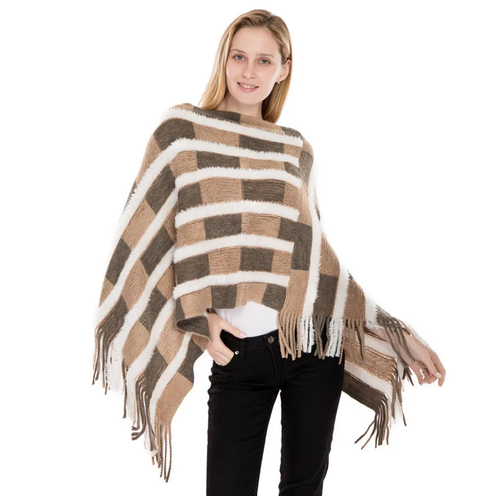 

Vintage Fringe Oversied Poncho Femme Winter Knitted Clothing Irregular Plaid Bohemian Cape Loose Tassel Vintage Sweater Shawls