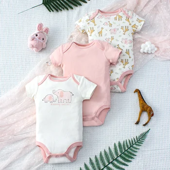  3PCS Summer Baby Girls Three Piece Bodysuit  Animal Kingdom and Elephant Letter Pattern Short Sleeve Bodysuit Mother's Day Gif 1