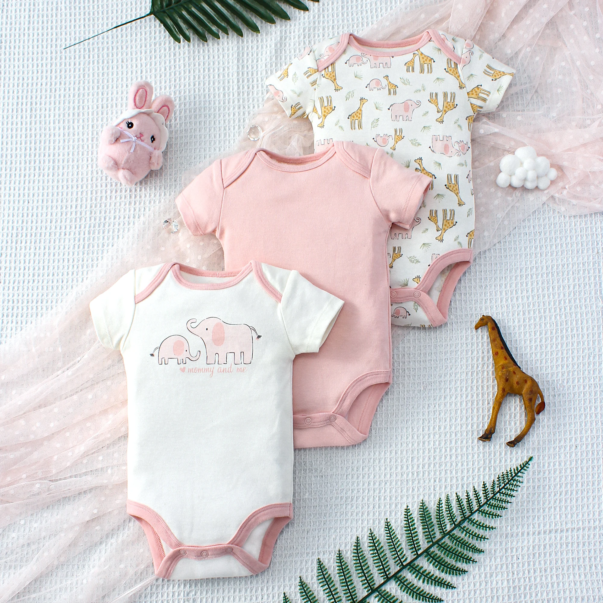﻿ 3PCS Summer Baby Girls Three Piece Bodysuit  Animal Kingdom and Elephant Letter Pattern Short Sleeve Bodysuit Mother's Day Gif 1