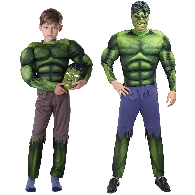 Halloween Party Costumes Kid's Green Giant Muscle Model Clothing,CosplayJumpsuits And Hulk Masks, Children Adult Cosplay Clothes