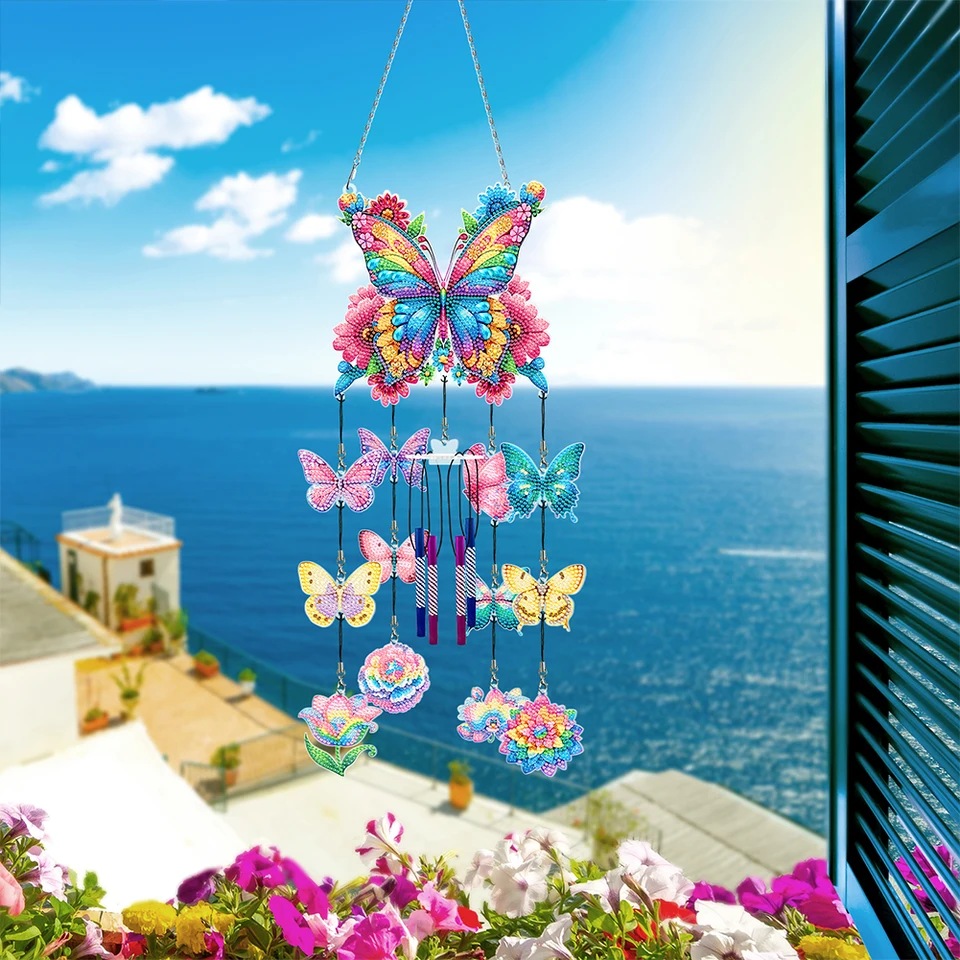 Kit Peinture Diamant 5D Pour Enfants - 3 Carillons à Vent (Papillon, Colibri, Soleil), Cadeau Fille 6-12 Ans