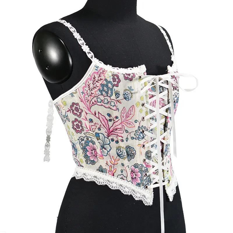 Spring Summer New Arrival Fashion Strap Print Lace Up Corset Bustier Crop Top Cami for Women