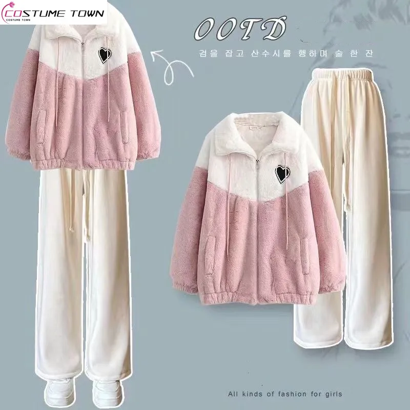 Women's Set Autumn and Winter New Korean Edition Plush Thickened Lamb Hair Top Casual Wide Leg Pants Two Piece Set