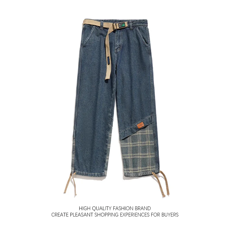 

High Street Stitching Jeans Men's Spring Autumn Retro Patchwork Baggy Denim Pants Japanese Vintage Oversize Drawstring Leggings