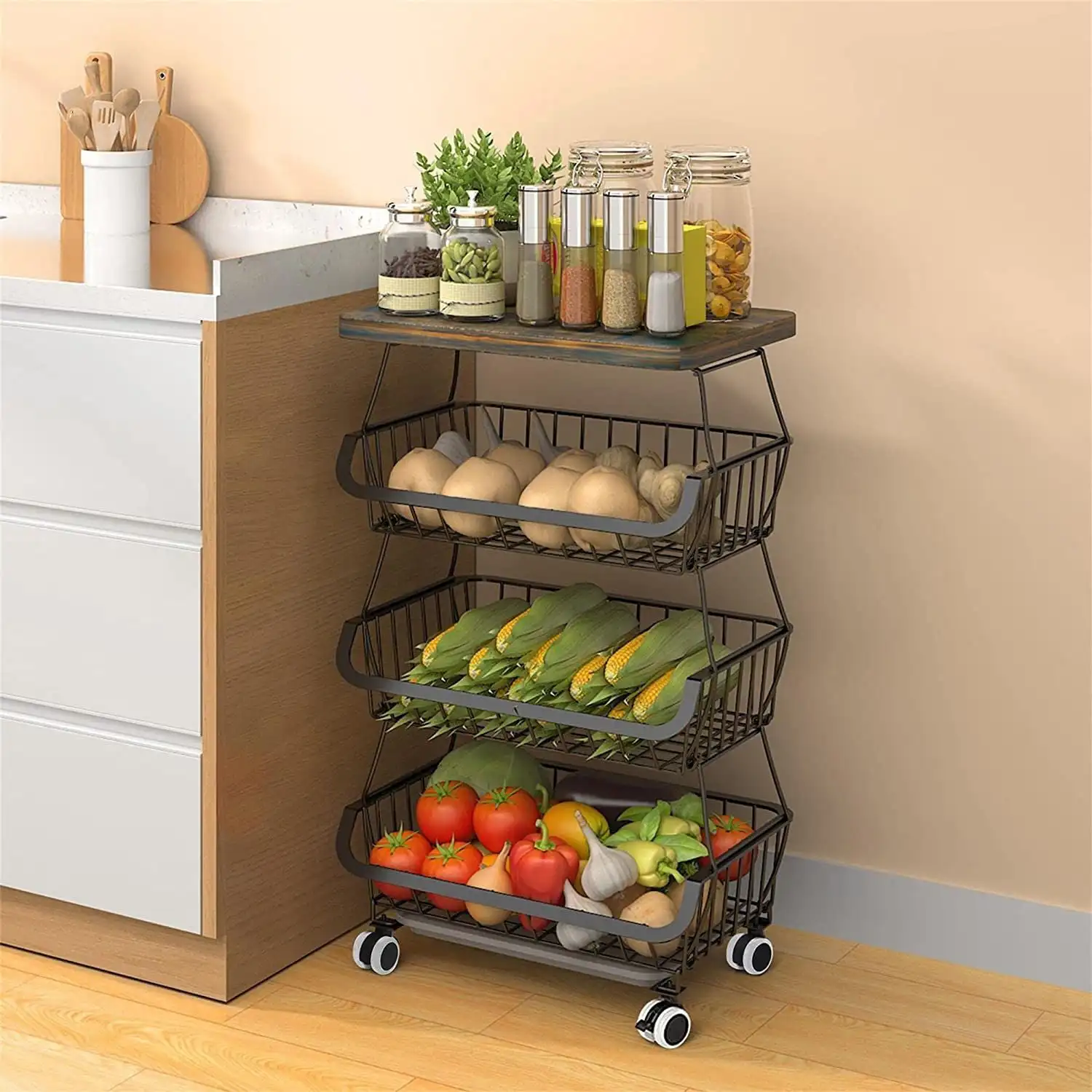 4-Tier Wood Fruit Vegetable Storage Rack Stand Stackable Fruit Basket Organizer Rack for Kitchen - Brown